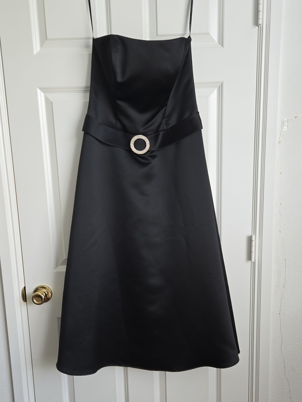 Betsy & Adam Black Satin Strapless A-Line Dress with Jeweled Buckle